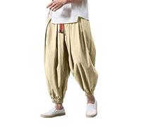 Pantalon sarouel baggy pour homme - Japonais uni pantalon de loisirs en coton et lin ample décontracté salopette de maison pantalon long respirant pantalon bouffant grande taille yoga taille élastique