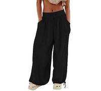 Pantalon sarouel décontracté pour femmes en coton et lin ample avec jambe large droite et taille élastique - Pantalon de jogging ample en molleton avec cordon de serrage - Pantalon harem avec poches