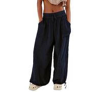 Pantalon sarouel décontracté pour femmes en coton et lin avec jambes larges et droites, taille élastique, jogger, molleton, pantalon harem, à enfiler, confortable, style papier, pantalon de travail