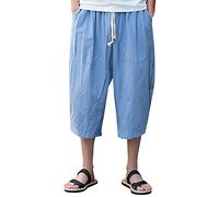Pantalon sarouel japonais pour homme - Short de plage pour homme - Avec élastique - 3/4 - Décontracté - Avec cordon de serrage - Style urbain - Confortable - Pour l'été - Pantalon de loisirs ample