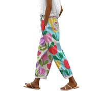 Pantalon sarouel pour femme - Pantalon d'été large pour femme - Pantalon en lin coloré - Pantalon d'été léger 7/8 - Pantalon en lin ample - Pantalon de loisirs pour femme - Pantalon de jogging large -