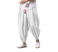 Pantalon sarouel pour homme - En coton - Pantalon bouffant - Style hippie indien - Coupe ample - Pour l'été - Décontracté - Short de plage, A blanc., XXXXXL