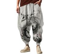 Pantalon sarouel pour homme - Style hippie - Style bohème - Motif - Entrejambe basse - Pantalon large - Pour yoga, été, plage, loisirs, vacances, plage, yoga - Pantalon hippie, gris, M