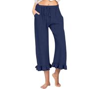 Pantalon sept quarts décontracté en lin de couleur unie avec taille élastique à volants et pantalon, noir foncé, M