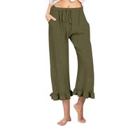 Pantalon sept quarts décontracté en lin de couleur unie avec taille élastique à volants et pantalon, Vert, XXL