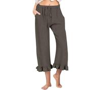 Pantalon sept quarts décontracté en lin de couleur unie avec taille élastique à volants et pantalon, gris, L