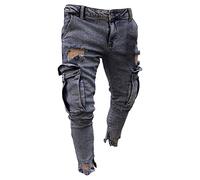 Pantalon Slim Classique zippé Jeans à Poches Ouvertes au Genou pour Hommes Pantalon en Jean décontracté Slim Stretch Breaking Hole (Bleu Foncé,M)