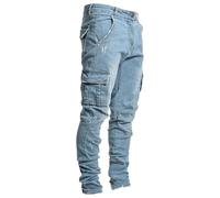 Pantalon slim vieilli coupe droite confortable taille flexible jeans stretch déchiré pour homme, bleu ciel, XX-Large