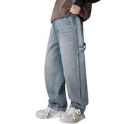 Pantalon streetwear en denim pour garçon Taille élastique Jambe droite Uni avec sangle 5 à 16 ans, bleu, 13-14 ans