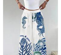 Pantalon style bohème simple pour femmes avec imprimés de poissons, tortues et coquillages. Style plage d'été L,M,S,XL,XSgraphique,TribalTissu tissé
