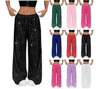 Pantalon taille haute à paillettes pour femme | Pantalon large scintillant avec taille élastique | Vêtements de fête à paillettes pour soirée | Pantalon de fête de Noël et de carnaval, Noir , L