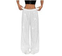 Pantalon taille haute à paillettes pour femme | Pantalon large scintillant avec taille élastique | Vêtements de fête à paillettes pour soirée | Pantalon de fête de Noël et de carnaval, blanc, XXL