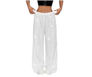 Pantalon taille haute à paillettes pour femme | Pantalon large scintillant avec taille élastique | Vêtements de fête à paillettes pour soirée | Pantalon de fête de Noël et de carnaval, blanc, XXL