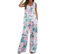 Pantalon tendance pour femme - Gilet imprimé - Haut sans manches - Pantalon ample à jambe large - Ensemble deux pièces - Suites pour femmes avec vestes longues, rose, 3XL