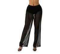 Pantalon transparent en maille transparente pour femme - Perspective d'été - Pantalon de plage ample, Noir , M