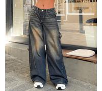 Pantalon vintage lavé 100% coton RueChic à taille haute, jambes larges, avec poches en biais brutes pour un port décontracté quotidien et extérieur 36,38,40,34Unicolore,Tout ImpriméJean