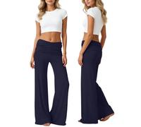 Pantalon Yoga pour Femmes Coral Fold Over Pantalons avec Poches Pants Ruched Waist Solid Flare Sweatpants Loose Wide Leg High Waist Palazzo for Sport Everyday
