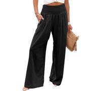 Pantalones Palazzo de Pierna Ancha Con Cintura Fruncida para Mujer, Pantalones Casuales de Verano, Estilo Boho, Holgados, de Pierna Ancha y Cintura Alta para Vacaciones, Noir , L