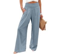 Pantalones Palazzo de Pierna Ancha Con Cintura Fruncida para Mujer, Pantalones Casuales de Verano, Estilo Boho, Holgados, de Pierna Ancha y Cintura Alta para Vacaciones, bleu, L