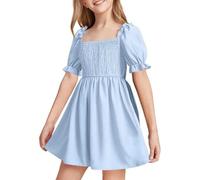 Pantalons cool pour adolescentes filles été filles mousseline volants mini robe col carré manches courtes solide A-line robe plissée fille, bleu, 6-7 ans