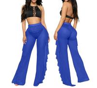 Pantalons Décontracté Baggy Confortable Pantalon décontracté pour Femme - Style Plage Moderne avec Volant et Finition Lumineuse adaptée Bikini - Coupe Confortable et Polyvalente (Blue, L)