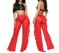 Pantalons Décontracté Baggy Confortable Pantalon décontracté pour Femme - Style Plage Moderne avec Volant et Finition Lumineuse adaptée Bikini - Coupe Confortable et Polyvalente (Red, S)