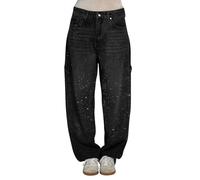 Pantalons en Denim à Strass Harem Droits à Jambe Large Pantalons Baggy en Denim à Taille Haute Élastiques Dégradés Jeans Brillants Vintage Sparkle Pantalons Larges Longs Décontractés avec Strass, Noir
