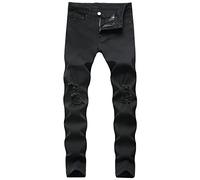 Pantalons en Jean avec Trou au Genou pour Hommes Casual Skinny Breaking Hole Jeans Pantalon Slim Slim à Fourche Couleur Unie Jeans (Noir,30)