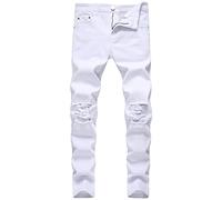 Pantalons en Jean avec Trou au Genou pour Hommes Casual Skinny Breaking Hole Jeans Pantalon Slim Slim à Fourche Couleur Unie Jeans (Blanc,38)