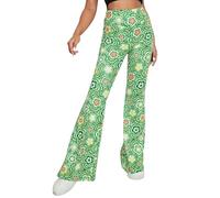 Pantalons Fluide Évasés des Années 70 Femme - Taille Haute Elastique Yoga Leggings Sport Vetement Ete Pantalon Large Disco Pilates Chic Et Elegant Hippie Deguisement Adulte(Green, S, 1050w)