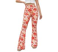 Pantalons Fluide Évasés des Années 70 Femme - Taille Haute Elastique Yoga Leggings Sport Vetement Ete Pantalon Large Disco Pilates Chic Et Elegant Hippie Deguisement Adulte(Red, L, 10501w)