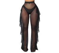 Pantalons longs pour femmes, bas amples en maille transparente, pantalons à volants taille haute élastiques à jambes larges, pantalons de plage transparents, pantalons évasés transparents sexy