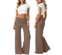 Pantalons Yoga Femme Taille Haute Stretch Élégant Large Coral Fold Over Pants Pantalon Décontractés Contrôle Ventre Droit Gym Jambe Large Pantalon Confortable de Pilates Jogging Danse Fitness