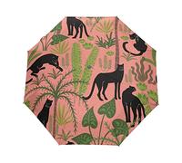 Panthère Arbre À Chat Herbe Noir Parapluie Pliant Ouverture et Fermeture Automatique Protection UV Parapluies Pliant Coupe-Vent Ultra-léger pour Voyager Plage Femmes Enfants Fille