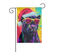 Panthère colorée portant un chapeau de Père Noël avec lunettes de soleil Drapeau de jardin 30 x 45 cm Vertical double face Ferme Vacances Décorations extérieures Drapeau de cour