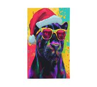 Panthère colorée portant un chapeau de Père Noël avec lunettes de soleil, drapeaux de cour, maison, bannière de vœux avec œillets, décoration d'intérieur et d'extérieur