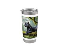 Panthère noire sur bûche avec pleine lune Gobelet isotherme en acier inoxydable double paroi