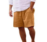 Pantlaoncini Homme Lin Coton D'été Pantalon Court Bermuda Confortable Couleur Unie Shorts Homme Hawaïen Léger Shorts De Plage Sport Élastique Taille Mer Bermuda Avec Poches, jaune, XXL