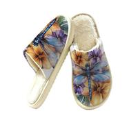 Pantoufles antidérapantes pour femme | Pantoufles légères et lavables à bout fermé avec motif libellule et floral pour chambre à coucher, hôtel, voyage, spa