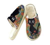 Pantoufles antidérapantes pour femme | Pantoufles légères et lavables à bout fermé Motif chat noir dans les fleurs Jardin floral Pour chambre à coucher, hôtel