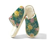Pantoufles antidérapantes pour femme | Pantoufles vintage à motif floral et feuilles vertes à bout fermé, lavables et légers pour chambre à coucher, hôtel, voyage
