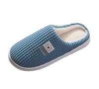 Pantoufles bleues matelassées en peluche pour homme, tige gaufrée avec doublure douce, bout couvert à dos ouvert, bord contrasté, pour les matins plus frais, les chambres, les dortoirs, la maison