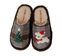 Pantoufles brodées pour chien rétro motif écossais chaud créatif sapin de | Tissu en velours, broderie chien, art rétro à carreaux chaud, arbre de Noël créatif, marron, taille 36-42
