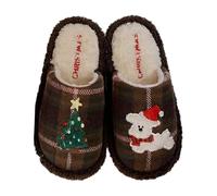 Pantoufles brodées pour chien rétro motif écossais chaud créatif sapin de | Tissu en velours, broderie chien, art rétro à carreaux chaud, arbre de Noël créatif, marron, taille 36-42