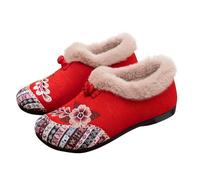 Pantoufles brodées pour femme avec doublure en fausse fourrure - Chaussures légères pour tous les jours - Semelle en caoutchouc à mémoire de forme - Pantoufles d'intérieur chaudes pour l'hiver, Rouge