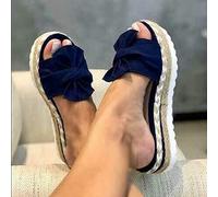 Pantoufles compensées pour femme - Sandales d'été à enfiler avec nœud papillon sur le devant - Style bohème - Style bohème - Style décontracté - Grande largeur - Fond épais - Bout ouvert