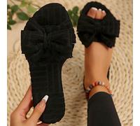 Pantoufles de maison à bout ouvert, style casual unicolore en flanelle avec nœud papillon, style européen et américain pour l'automne/hiver, convient aux femmes d'Asie du Sud-Est EUR36,EUR37,EUR38,EUR