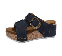 Pantoufles d'été décontractées pour femme avec bout ouvert et sangle à boucle, dessus en cuir pour un usage quotidien, tenue confortable avec jeans, Marine, 42 EU