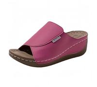 Pantoufles d'été pour femme - Talon compensé - Bout ouvert - Pantoufles élégantes - Sandales compensées confortables - Larges pieds - En cuir - Avec support de la voûte plantaire - Chaussons
