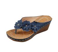 Pantoufles d'été pour femme - Trois fleurs - Commerce extérieur - Fond épais - Talon compensé - Bout à clip - Plage à chevrons - Sandales pour femme - Pantoufles en fourrure avec sangle, bleu, 37.5 EU